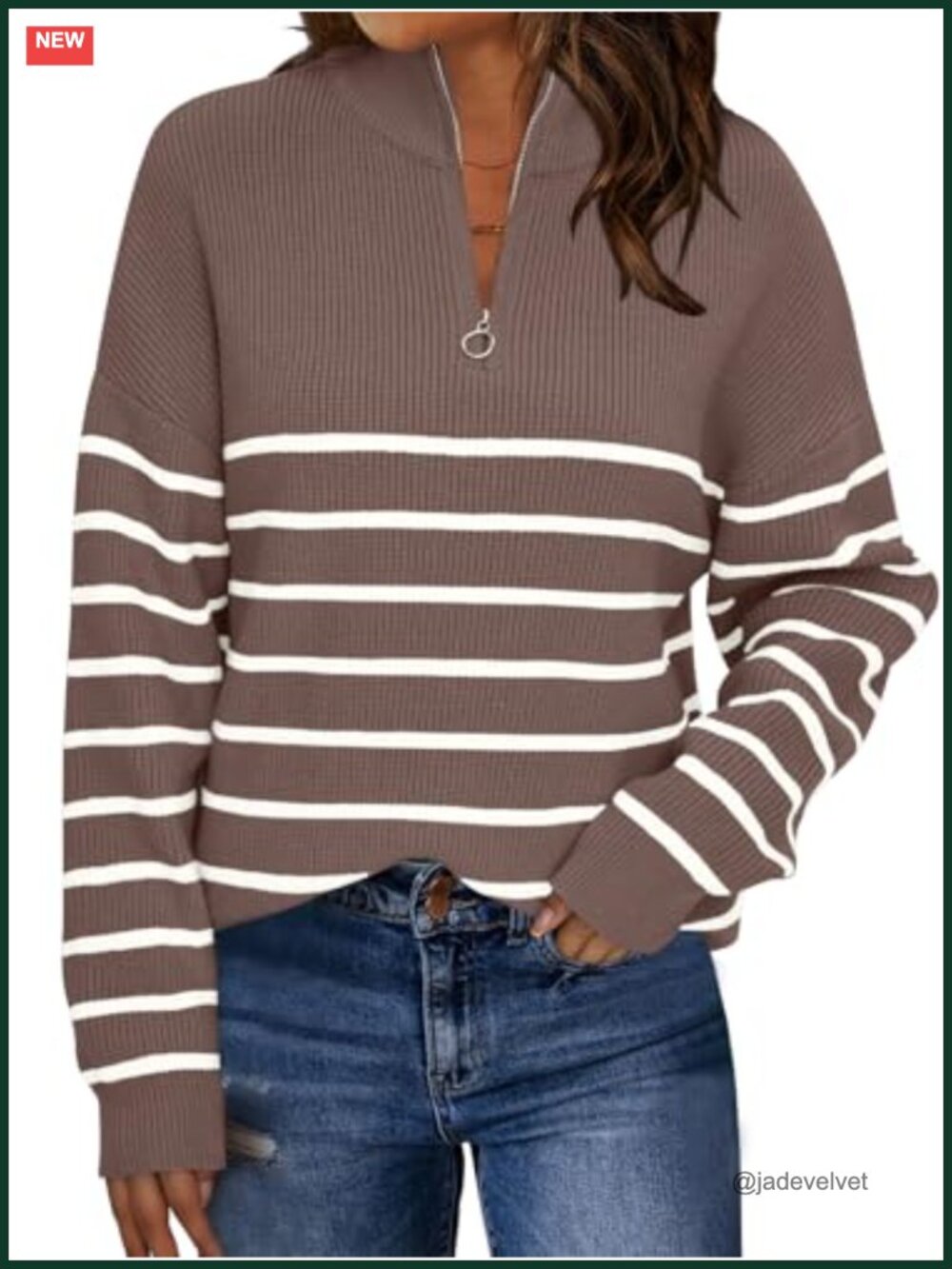 Quarter Zip Striped Oversized Fall Sweater Ribbed Knit Pullover